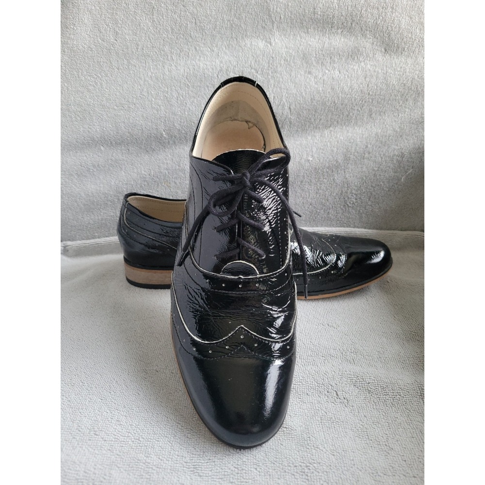 Zapato Handmade Black Patent Leather Wingtip Oxford Brogue Shoes Womens 38